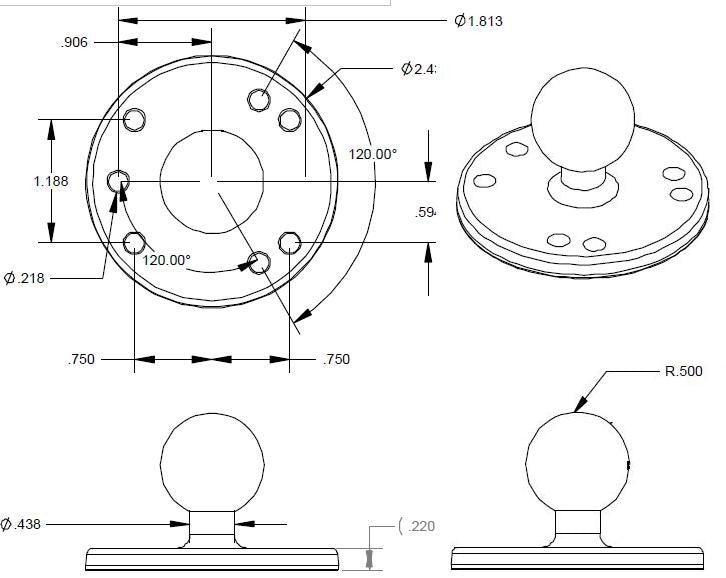 RAM 2.5" Round Base with 1" Ball & 1/4-20 Threaded Male Post for Cameras RAM-B-202AU