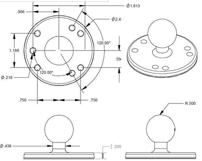 RAM 2.5" Round Base with 1" Ball & 1/4-20 Threaded Male Post for Cameras RAM-B-202AU